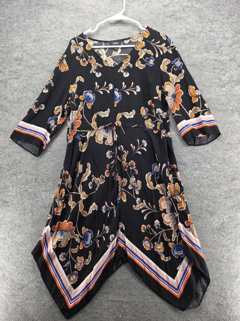 MSK Dress Womens XL Black Floral Handkerchief Hem 3/4 Sleeve Rayon Boho Border